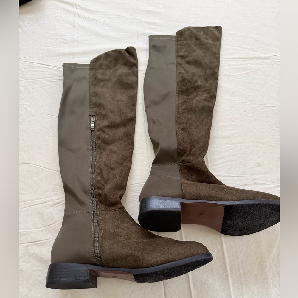 Catherine Malandrino Over The Knee Jude Olive Green Boots Zip Low Heel